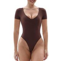 SHAPERX Body-Hugging Bodysuit for Women Long Sleeve/Short Sleeve High Stretch Leotard Top Thong Crew Neck