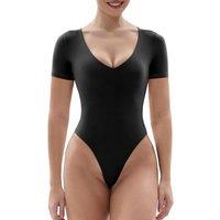 SHAPERX Body-Hugging Bodysuit for Women Long Sleeve/Short Sleeve High Stretch Leotard Top Thong Crew Neck