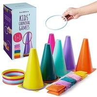 THE TWIDDLERS 3 in 1 Carnival Games Set, Ring Toss Party Game for Kids Play, Colourful Hoops and Cones, Bean Bag Throwing Toy for Children Carnival Se