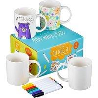 THE TWIDDLERS Decorate Your Own Mug Set, Paint with Colour Pens - 4 Mugs Arts & Crafts Pottery Kit for Kids and Adults, Personalised Birthday Day Gift