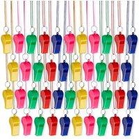 THE TWIDDLERS 120 Neon Whistles with String Lanyards in Assorted Colours, Bulk Plastic Multipack Whistles for Kids Parties, Adults & Football Sports E