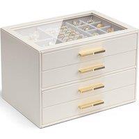 VLANDO White Jewellery Box with Glass Lid, 4-Tier Jewellery Organiser, Jewellery Storage with 4 Drawers for Watches,Sunglasses, Mothers Day Gifts, For