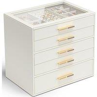 VLANDO Jewellery Organiser,Glass Lid Jewellery Box with 5 Drawers for Ring, Necklace, Earring, Bracelet,Biryhday Gift for Women,Beige