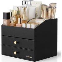 VLANDO Makeup Organiser, Faux Leather Cosmetic Organiser with 2 Drawer, Dressing Table Organiser for Lipstick, Jewellery & Skincare Storage,Black