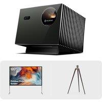 Valerion VisionMaster Pro2 4K Triple Laser Projector with 120 Outdoor Screen and Walnut Tripod Stand Bundle, 3000 ISO Lumens, IMAX Enhanced, 15000:1