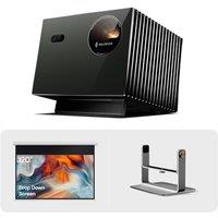Valerion VisionMaster Pro2 4K Triple Laser Projector Bundle with 120 Rechargeable Waterproof Motorized Projector Screen and Desktop Gimbal Stand, Pre