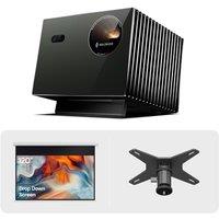 Valerion VisionMaster Pro2 4K Triple Laser Projector Bundle with 120 Rechargeable Waterproof Motorized Projector Screen and Ceiling Mount Conversion