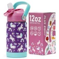 Kids Insulated Water Bottle with Straw Lid, 12 oz BPA-Free Double Wall Vacuum Tumbler 18/8 Stainless Steel Leak Proof Kids Cups with Straw for School
