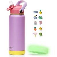 750ml/24oz Water Bottle with Straw Lid, Stainless Steel Water Bottle Wide Fluorescent Coaster for Sports, Gym or Office, BPA-Free Keep Cold 24H Hot 12