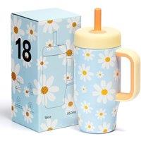 Stainless Steel Cups Spill Proof, 540ml/18oz Water Bottle with Twist Lids & Silicone Straw, Reusable Double Walled Water Bottle, Easy to Clean(Flower,