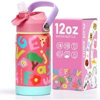 Kids Insulated Water Bottle with Straw Lid, 12 oz BPA-Free Double Wall Vacuum Tumbler 18/8 Stainless Steel Leak Proof Kids Cups with Straw for School