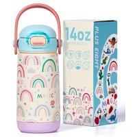 Kids Insulated Water Bottle with Straw Lid & Handle, 420ml/14oz BPA-Free Double Wall Vacuum Tumbler 18/8 Stainless Steel Leak Proof Kids Cups for Scho