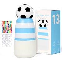 Football Water Bottle with Straw, 400ml/13oz Stainless Steel Water Bottle with Non-Slip Silicone Base for Sports, Gym or Office (Blue White)