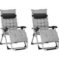 Outsunny 2 Piece Reclining Zero Gravity Chair Metal Frame Folding Garden Sun Lounger with Cushion Headrest, Light Grey
