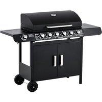 Outsunny 6+1 Burner Gas BBQ Grill with Wheels 135 x 51.5 x 100cm Black | Outdoor Barbecue Trolley, Warming Rack, Side Shelves, Cabinet, Thermometer, G