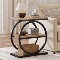 Tribesigns 3 Tier Side Table, Industrial Style Side Table with Round Metal Frame for Living Room, Wooden Bedside Table for Bedroom, Oak