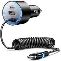 Rocoren 200W Car Charger Fast Charge, USB C Super Fast Cigarette Lighter with 1.6m PD 100W Type C Coiled, 12V/24V Car USB Adapter for Laptops, iPhone