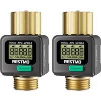 [2 Pack] RESTMO Water Flow Meter, Pure Brass Inlet & Outlet | 4 Measure Modes | Display Gallon/Liter Usage and Flow Rate | Ideal to Outdoor Garden Hos