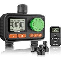 RESTMO Water Timer RF Remote Controlled Irrigation Timer | 2 Outlets Garden Hose Timer with Automatic/Manual/Rain Delay System for Outdoor Tap, Drip I