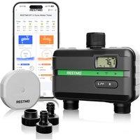 RESTMO 2 Zone Smart Water Timer with Flow Meter | Smart Sprinkler Timer with Manual/Rain Delay, APP RF Hub + WiFi Connection, Brass Connection Male, f
