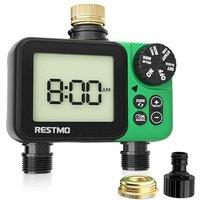 RESTMO LCD Water Timer Irrigation Timer for Outdoor Hose | 2 Zone Sprinkler Timer for Soaker Hose with Brass Inlet Up to 11h59m Programmable Delay/Man