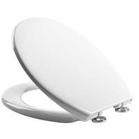 Mass Dynamic soft-close toilet seat features a quick-release mechanism for easy cleaning, adjustable top fixing hinges, and durable urea formaldehyde material. Standard oval design, sleek white finish