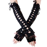 JISEN Women Nylon Elbow Lace-up Fashion Costume Gloves Black