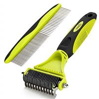 Grooming Dematting Comb Tool Kit - Double Sided Blade Rake Comb Grooming Comb - Removes Loose Undercoat, Knots, Mats and Tangled Hair