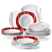 MALACASA, Series Felisa, 30-Piece Dinner Sets Red Stripes Ivory White Porcelain Dinner Service Set with 6 Cups/Saucers/Dessert Plates/Soup Plates/Dinner Plates