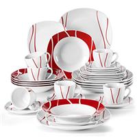MALACASA, Series Felisa, 30-Piece Dinner Sets Red Stripes Ivory White Porcelain Dinner Service Set with 6 Cups/Saucers/Dessert Plates/Soup Plates/Dinner Plates