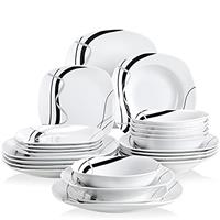 VEWEET 'Fiona' 24-Piece Dinner Set Ivory White Black Lines Combination Sets Porcelain Tableware Set of Bowls/Dessert Plates/Soup Plates/Dinner Plates, Service for 6
