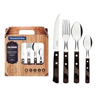 Tramontina Cutlery Set with Steak Knives, 24 Piece Sharp Knife, Forks, Teaspoons, Tablespoons with Wooden Handles, Camping, Kitchen, Rustic, Dishwasher Safe, 21199905
