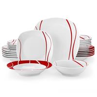 MALACASA, Series Felisa, 30-Piece Dinner Sets Red Stripes Ivory White Porcelain Dinner Service Set with 6 Cups/Saucers/Dessert Plates/Soup Plates/Dinner Plates