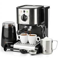 7 Pc All-in-One Espresso & Cappuccino Maker Machine Barista Bundle Set w/Built-in Steam Wand (Inc: Coffee Bean Grinder, Portafilter, Frothing Cup, Spoon w/Tamper & 2 Cups)