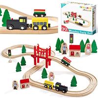 74 Pcs Wooden Train Set with Battery Operated Train & Wooden Tracks -Fits Thomas, Brio, Chuggington, Melissa and Other Major Brands- Kids Toys for 3,4,5,6,7 Years Old Boys & Girls