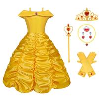 Vicloon Princess Belle Costume Dress, Little Girl Princess Dresses Princess Dressing up Costume Fancy Dress Childs Party Outfit with Crown Wand Gloves Necklace Ring and Earrings Yellow