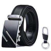 flintronic Mens Leather Belt, Automatic Buckle Leather Ratchet Belt 3.5cm * 125cm (Keychain & Gift Box Include)