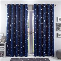 Dreamscene Galaxy Star Thermal Blackout Curtains PAIR of Eyelet Ring Top Panels Kids Boys Metallic Moon - Navy Blue, Width 66" x Drop 72"