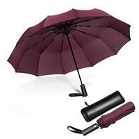 JIGUOOR Folding Umbrella Windproof Compact Travel Auto Open Large Umbrellas with Teflon Coating Ergonomic Handle Leather Case for Men Women