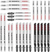 WORKPRO 25-piece T-Shank Jigsaw Blade Set with Storage Case, Made with HCS/HSS/BIM, Assorted Blades for Wood, Plastic and Metal Cutting, Compatible with All Jigsaw