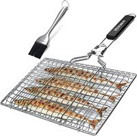penobon Fish Grilling Basket, Folding Portable Stainless Steel BBQ Grill Basket for Fish Vegetables Shrimp with Removable Handle, Come with Basting Brush and Storage Bag