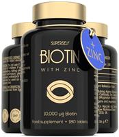 Biotin Hair Growth Tablets - Hair Skin and Nails Vitamins for Women & Men - 180 Biotin Tablets with Zinc 10000 mcg - High Strength Supplements - UK Made - Superior Absorption