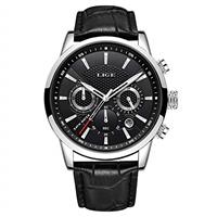 LIGE Men's Watch Chronograph Waterproof Quartz Analog Stainless Steel Leather Strap Design Calendar Watch