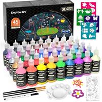 Shuttle Art 3D Fabric Paints, 3D Fabric Permanent Paint with Brushes and Stencils, Textile Paints with Metallic Glitter & Glow in The Dark Colours for Textile Fabric T-Shirt Glass Wood