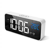 HOMVILLA Digital Alarm Clock with Big LED Temperature Display, Portable Mirror Alarm with Dual Alarm Snooze Time 4 Levels Adjustable Brightness Dimmer 10 Music USB Charging Port for Bedside, Bedroom