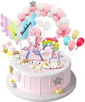 iZoeL Unicorn Cake Topper, Birthday Decoration, 1 Pink Hairball Arch Rainbow 1Happy Banner 2 Clouds 4 Balloons 10 Stars 3 Little Unicorns For Girl Kid Women Party