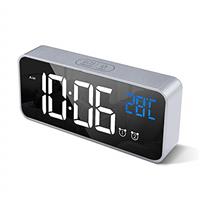 HOMVILLA Digital Alarm Clock with Big LED Temperature Display, Portable Mirror Alarm with Dual Alarm Snooze Time 4 Levels Adjustable Brightness Dimmer 10 Music USB Charging Port for Bedside, Bedroom