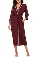 Vlazom Womens Dressing Gown Soft Kimono Robe V-Neck Long Knit Bathrobe Nightwear Sleepwear for All Seasons S-XXL