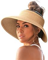 FURTALK Sun Visor Hat for Women Wide Brim Straw Roll-Up Ponytail Summer Beach UV UPF80+ Packable Foldable Travel