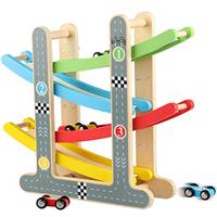 Jacootoys Wooden Car Ramp Toy with 4 Mini Cars Zigzag Click